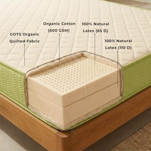 DREAMZEE Rasa 100% Full Natural Latex, dual-zone: the brand's own diagram of the layers inside it