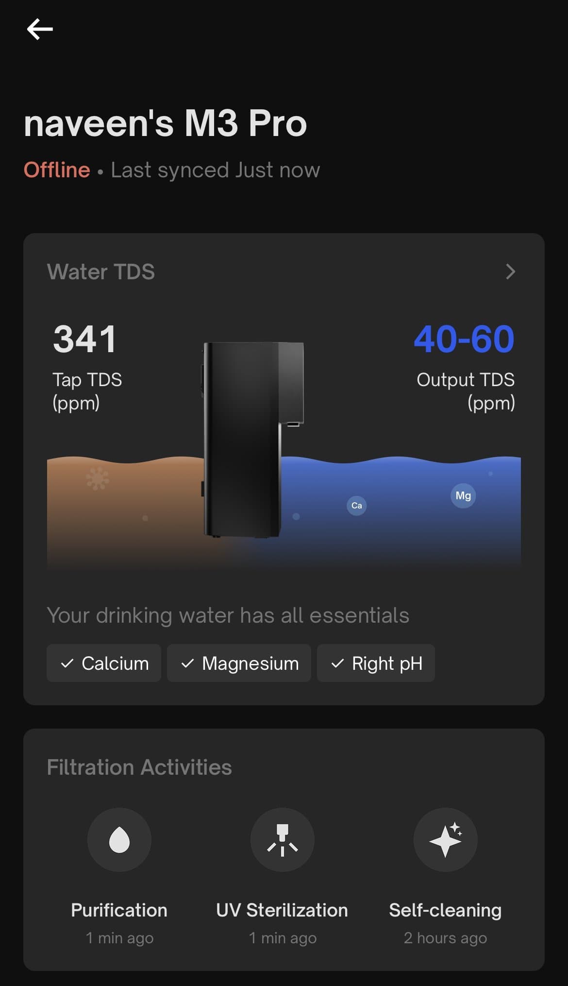 The Urban Company app screen for the M3 Pro, showing tap TDS of 341 ppm against an output TDS band of 40–60 ppm, and when it last purified, ran the UV and cleaned itself.