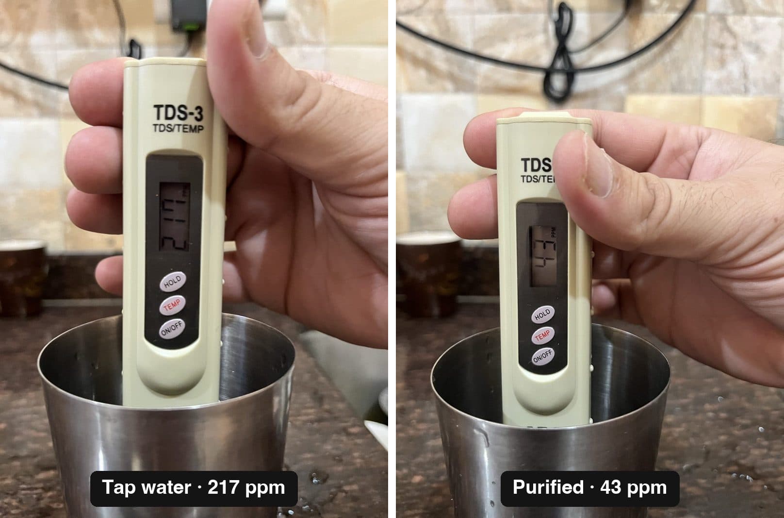Two side-by-side photos of a handheld TDS-3 meter dipped in a steel tumbler: tap water reads 217 ppm, and water from the M3 Pro reads 43 ppm.