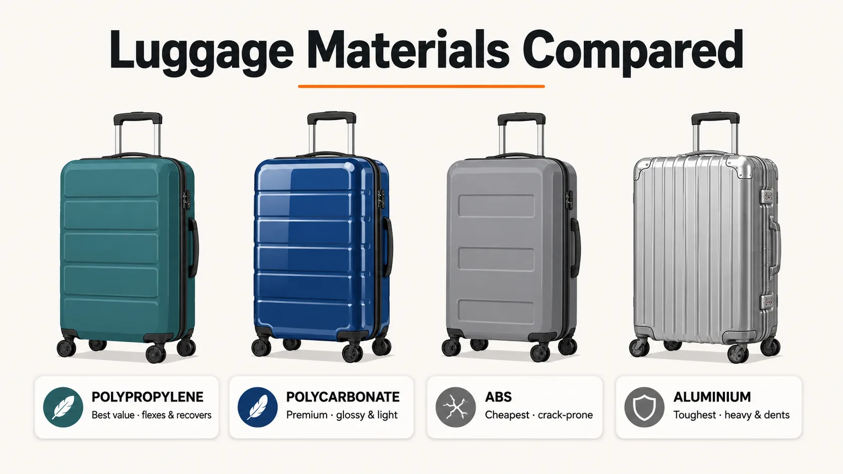Luggage materials compared — polypropylene (best value, flexes and recovers), polycarbonate (premium, glossy and light), ABS (cheapest, crack-prone), and aluminium (toughest, heavy but dents) hardside suitcases side by side